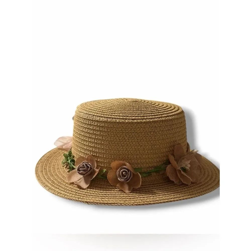 Tan Floral Lace Band Summer Straw Hat NWT
